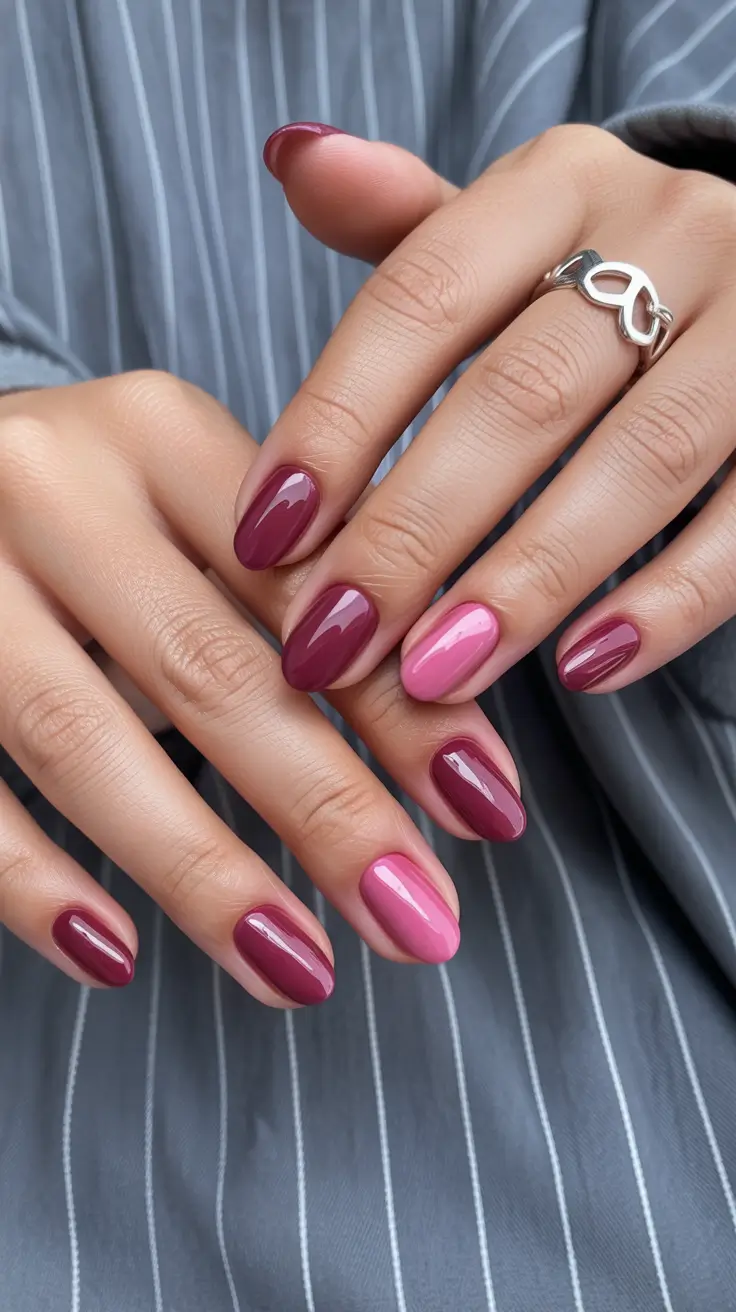 Burgundy ombre nails in a glossy finish.