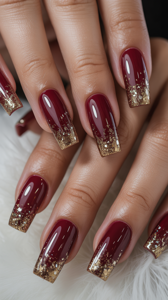 Burgundy nails with gold glitter tips.