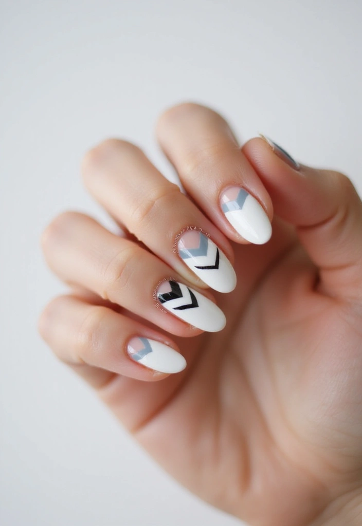 White geometric nails with soft colors.