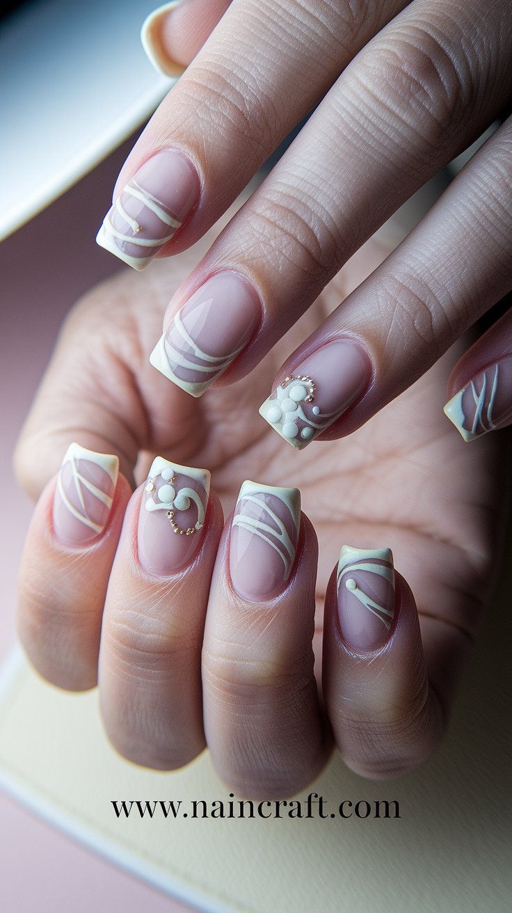 Intricate swirl French tips with pearls and elegance