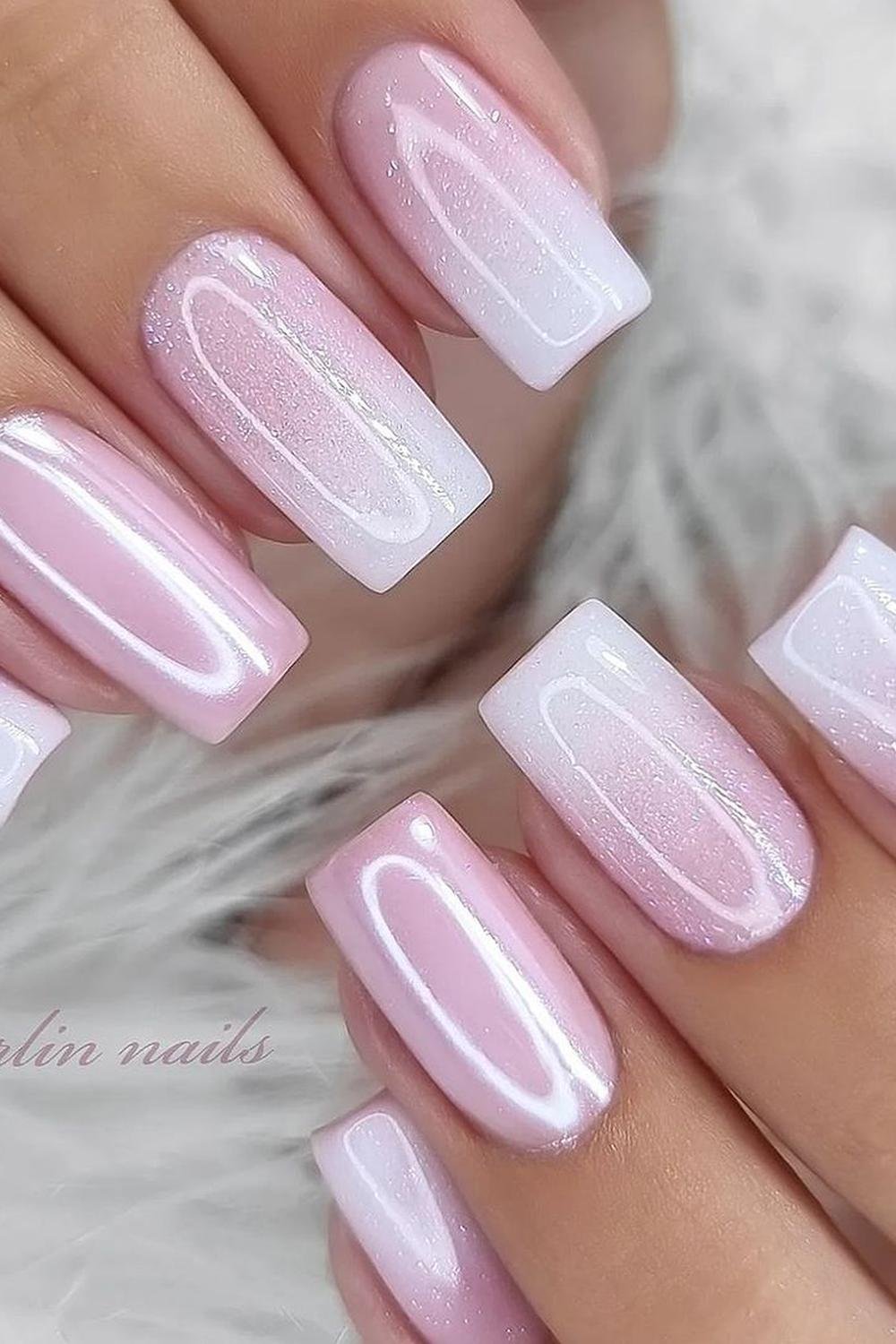 Glossy pink and white ombre nails