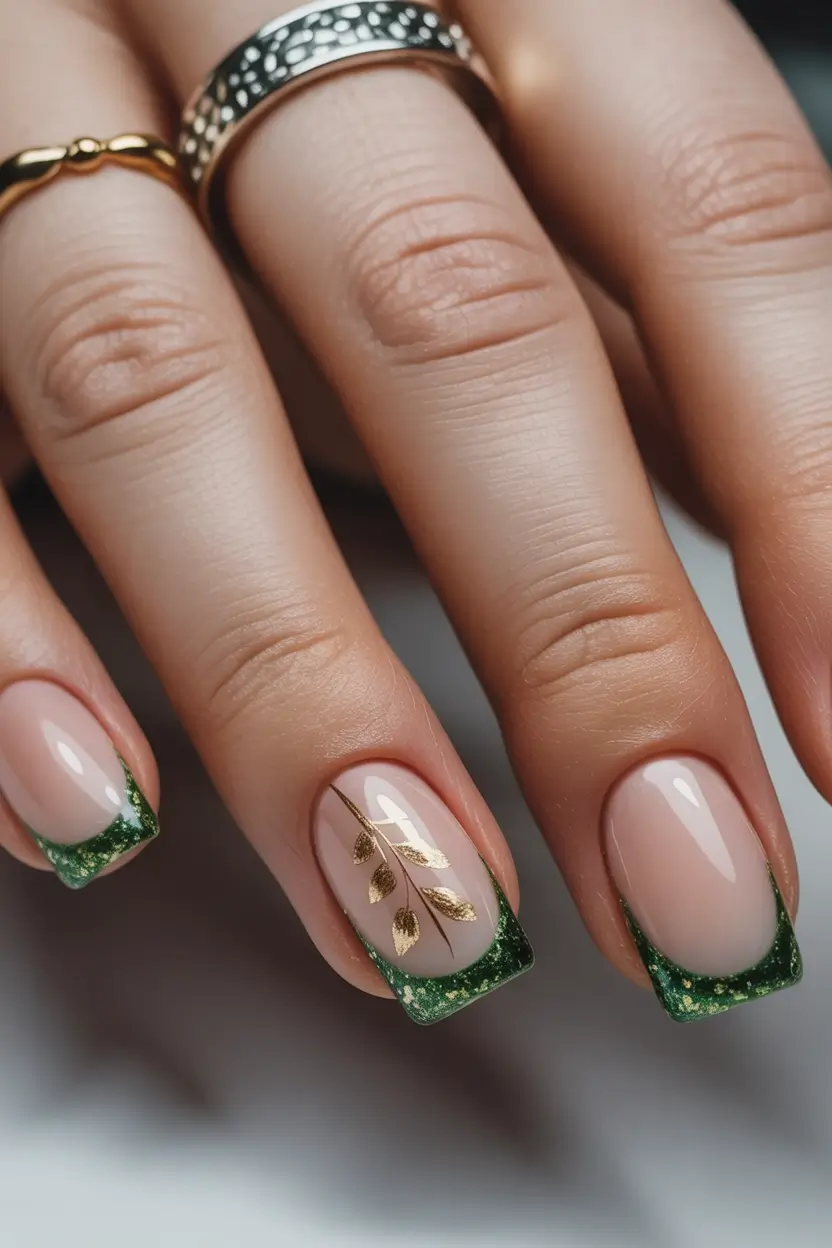 Green and gold French tips with leaf accent