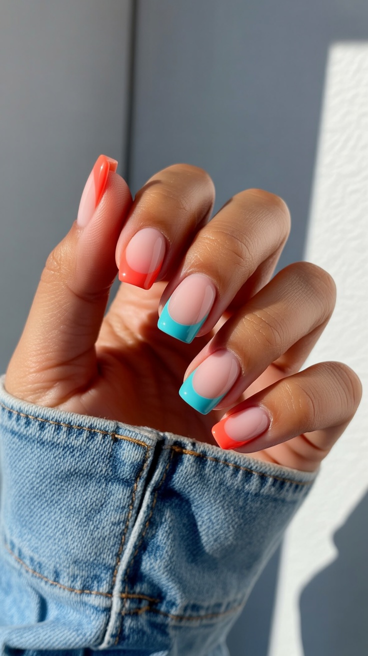 Color-blocked French nails with coral and teal