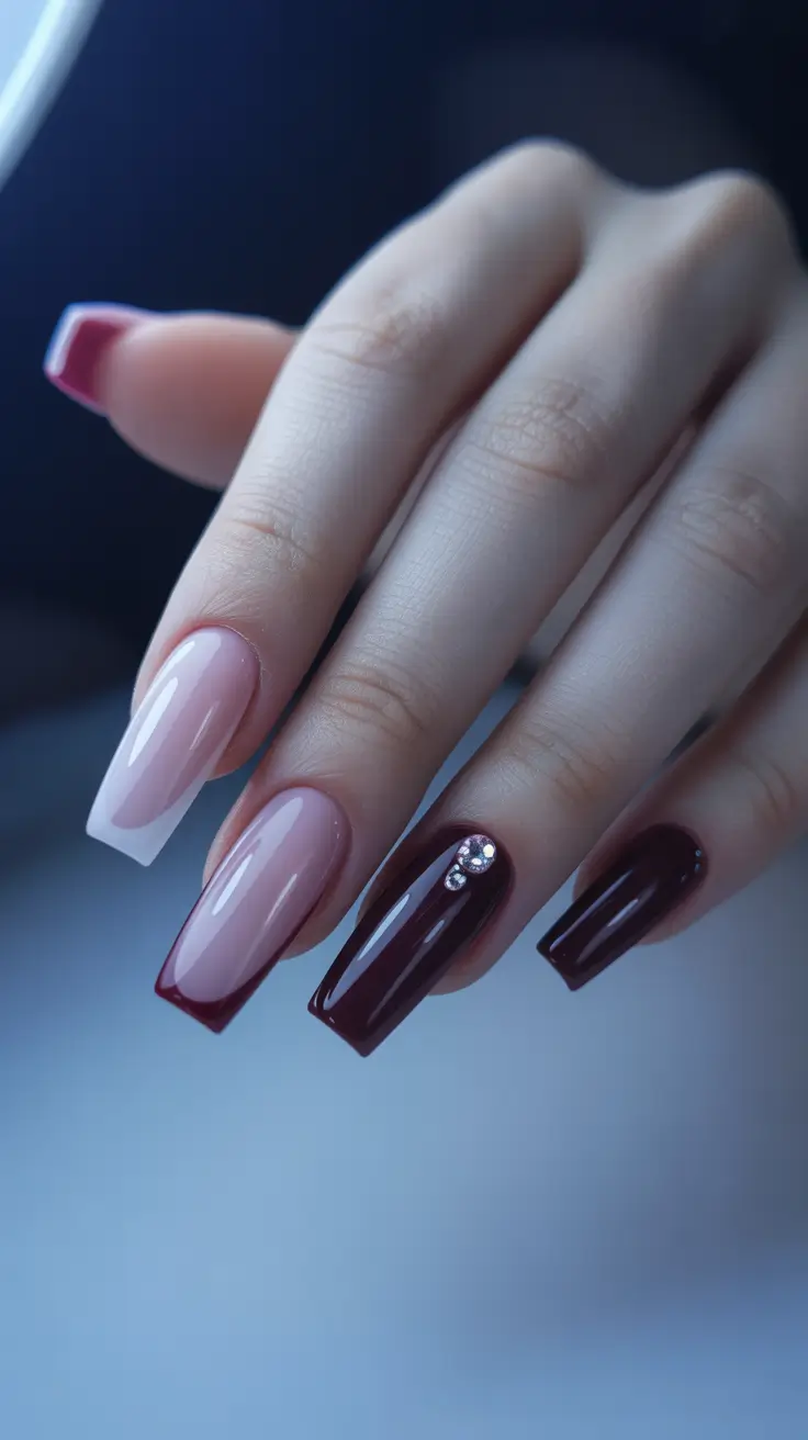 Deep burgundy French tips with rhinestone accent