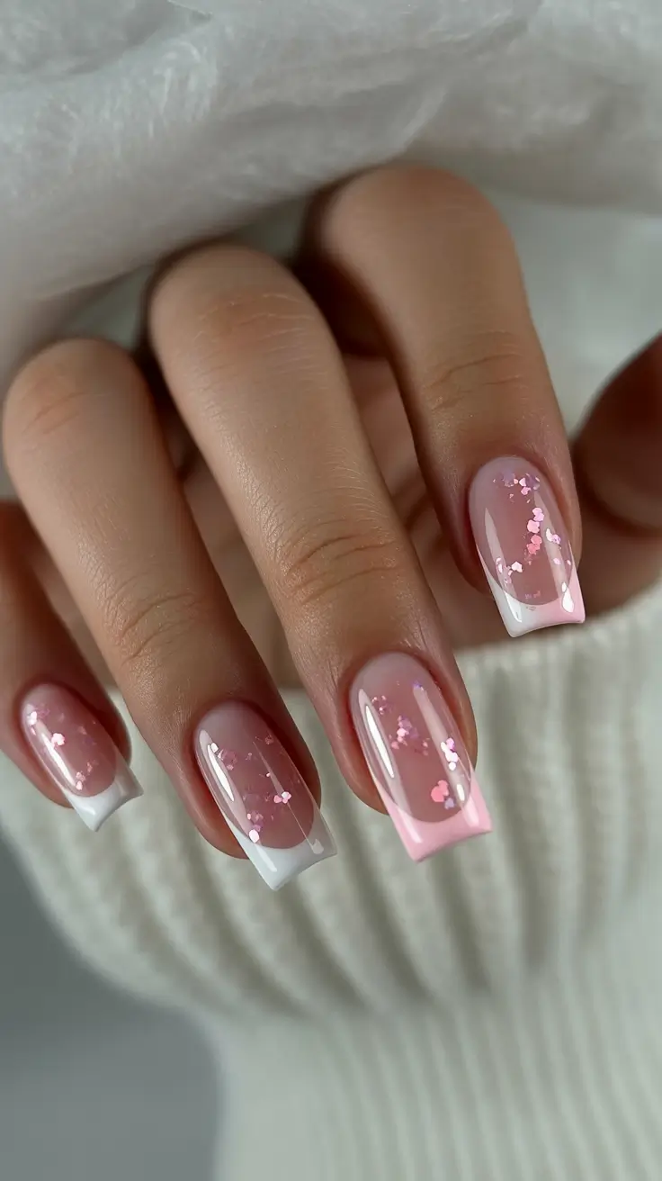 Pink glitter French tips with confetti accent