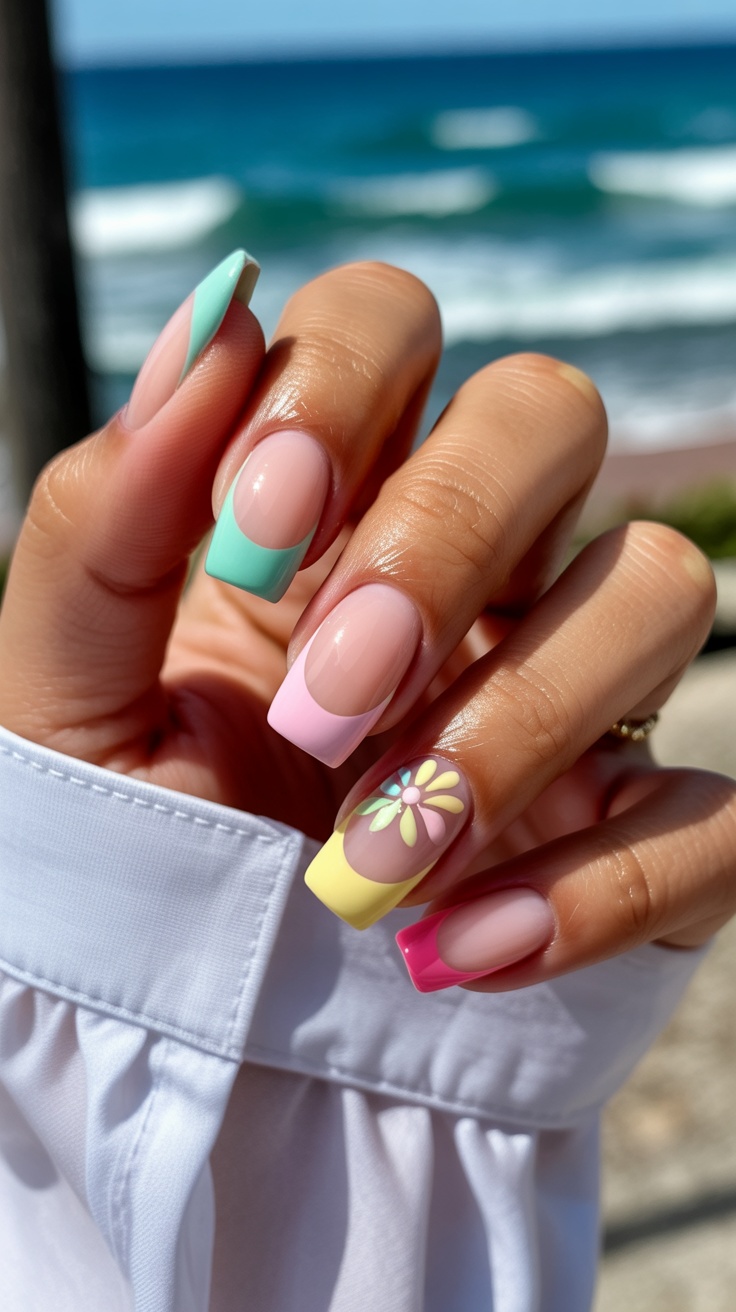 Pastel French nails with floral accent