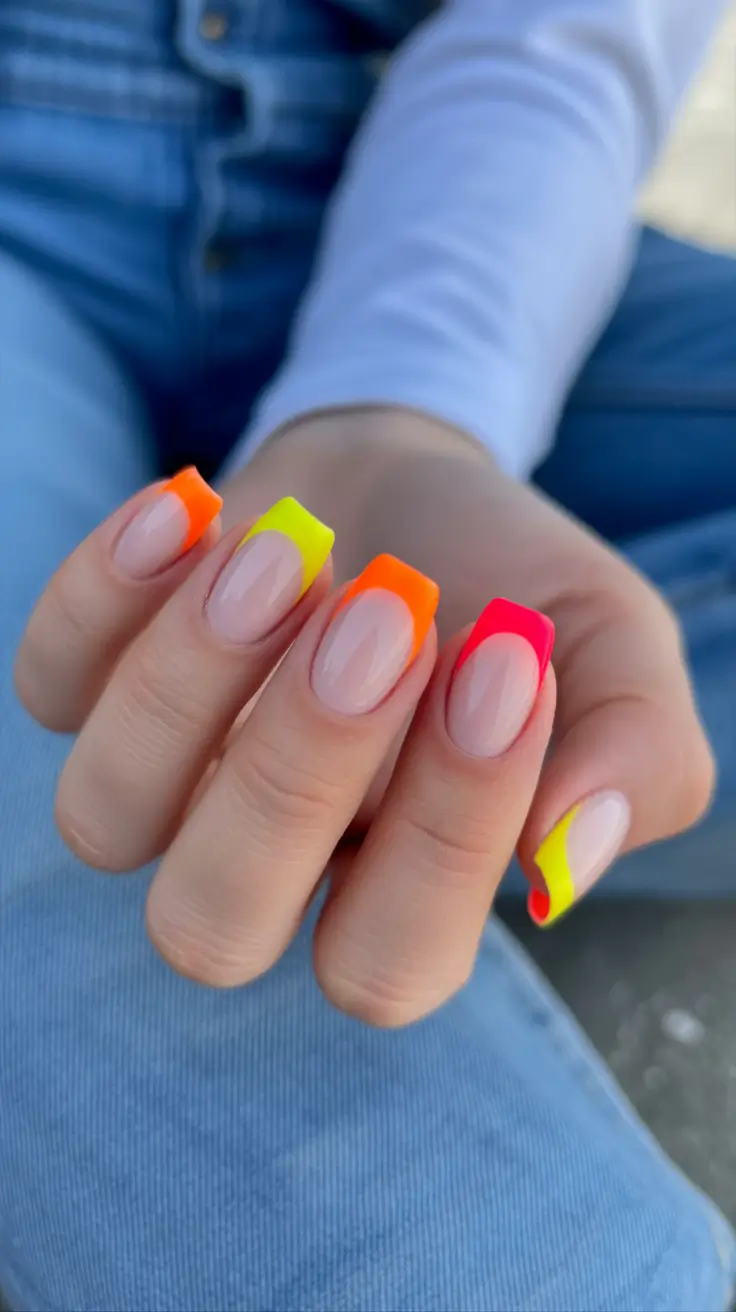 Square-shaped nails with color-blocked neon French tips, highlighting bold and playful nail designs.
