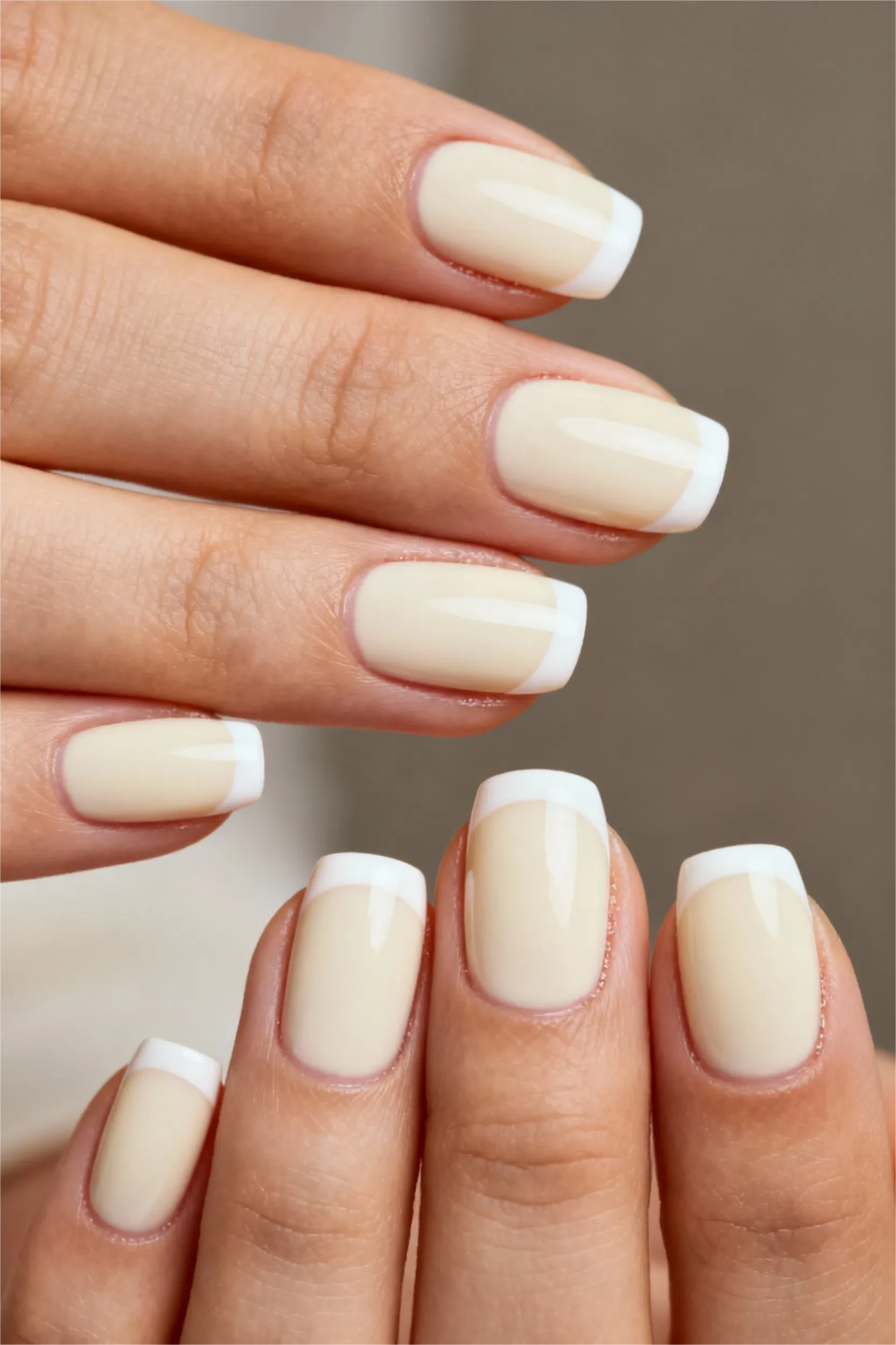 Classic French tips with a square shape, embodying timeless nail style and understated chic.