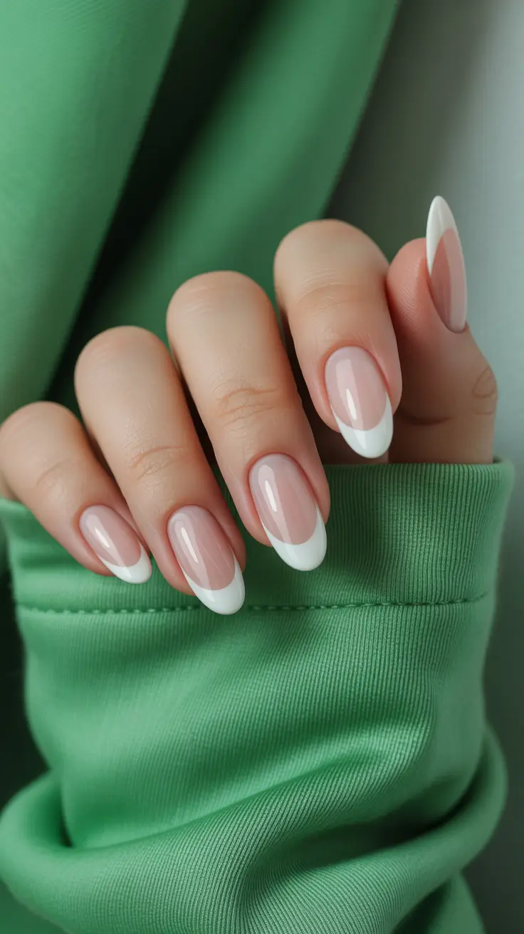 Oval-shaped nails with crisp white French tips, featuring classic and clean nail art styles.