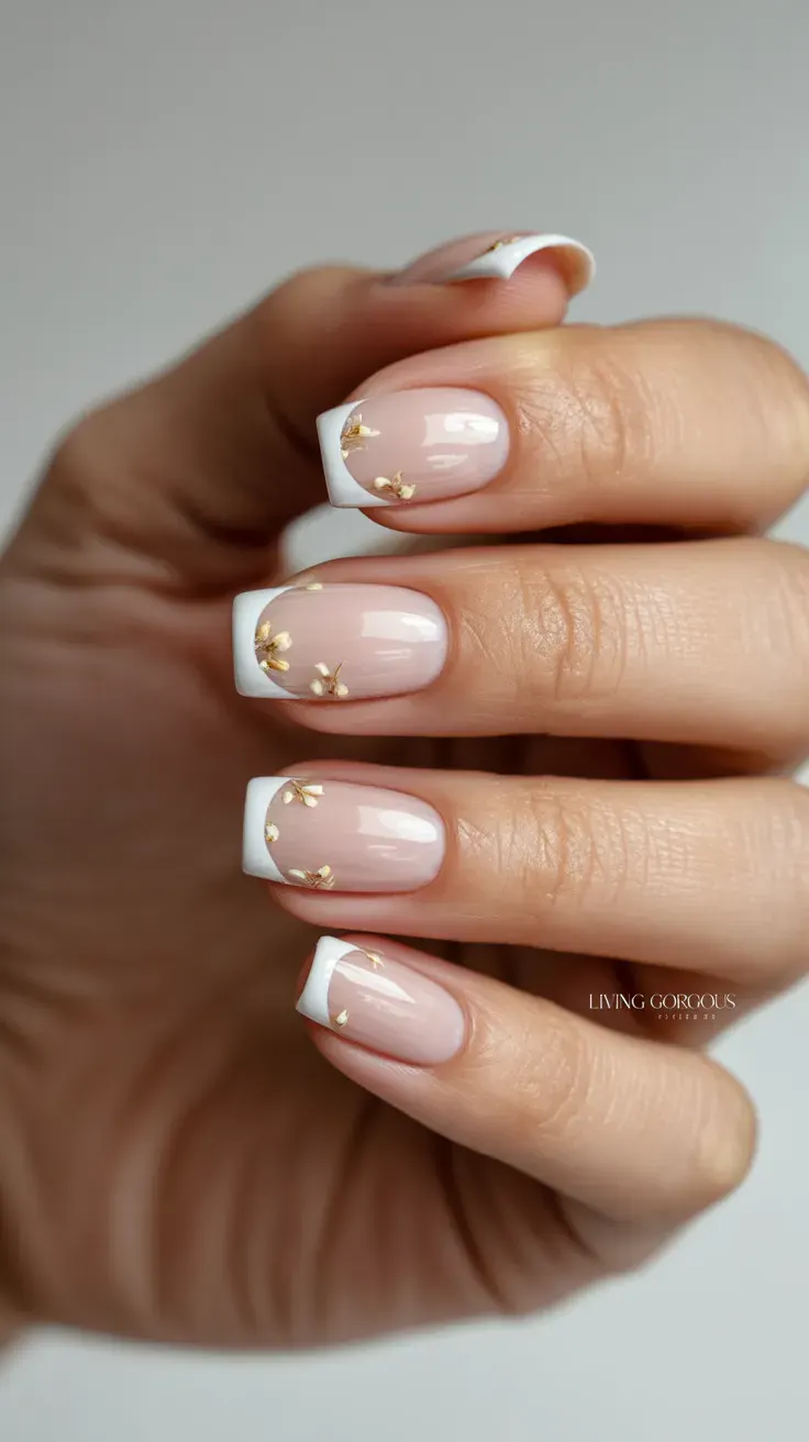 Square nails with French tips and gold accents for elegant nail art.