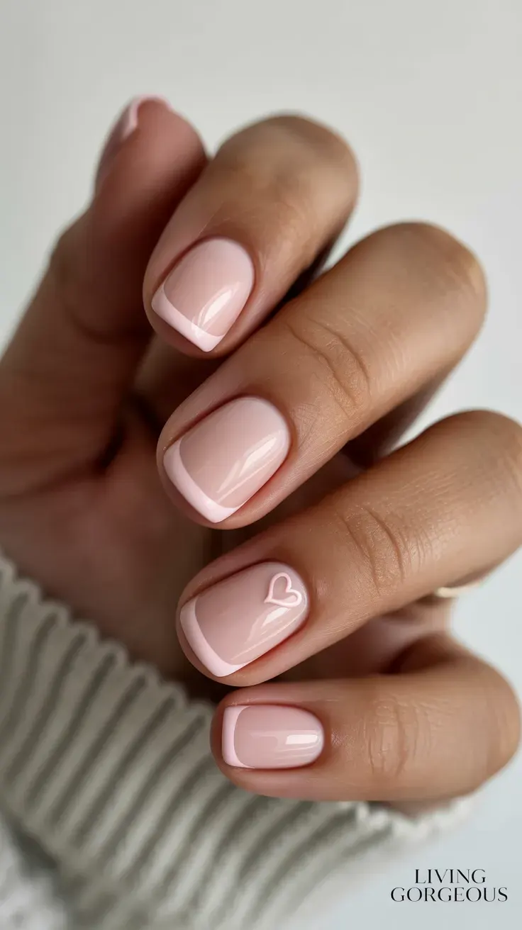 Short nails with heart accent French tips, cute and romantic.
