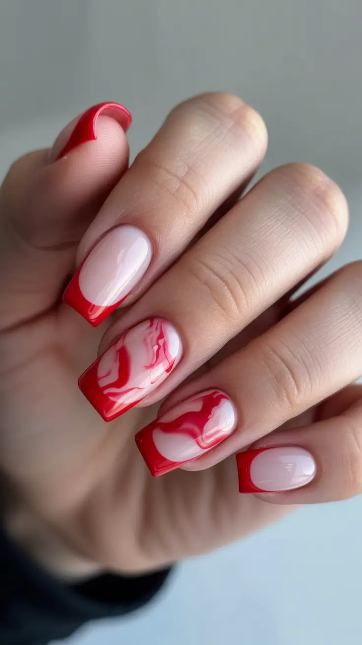 Red marble nails with French tips, bold and artistic.