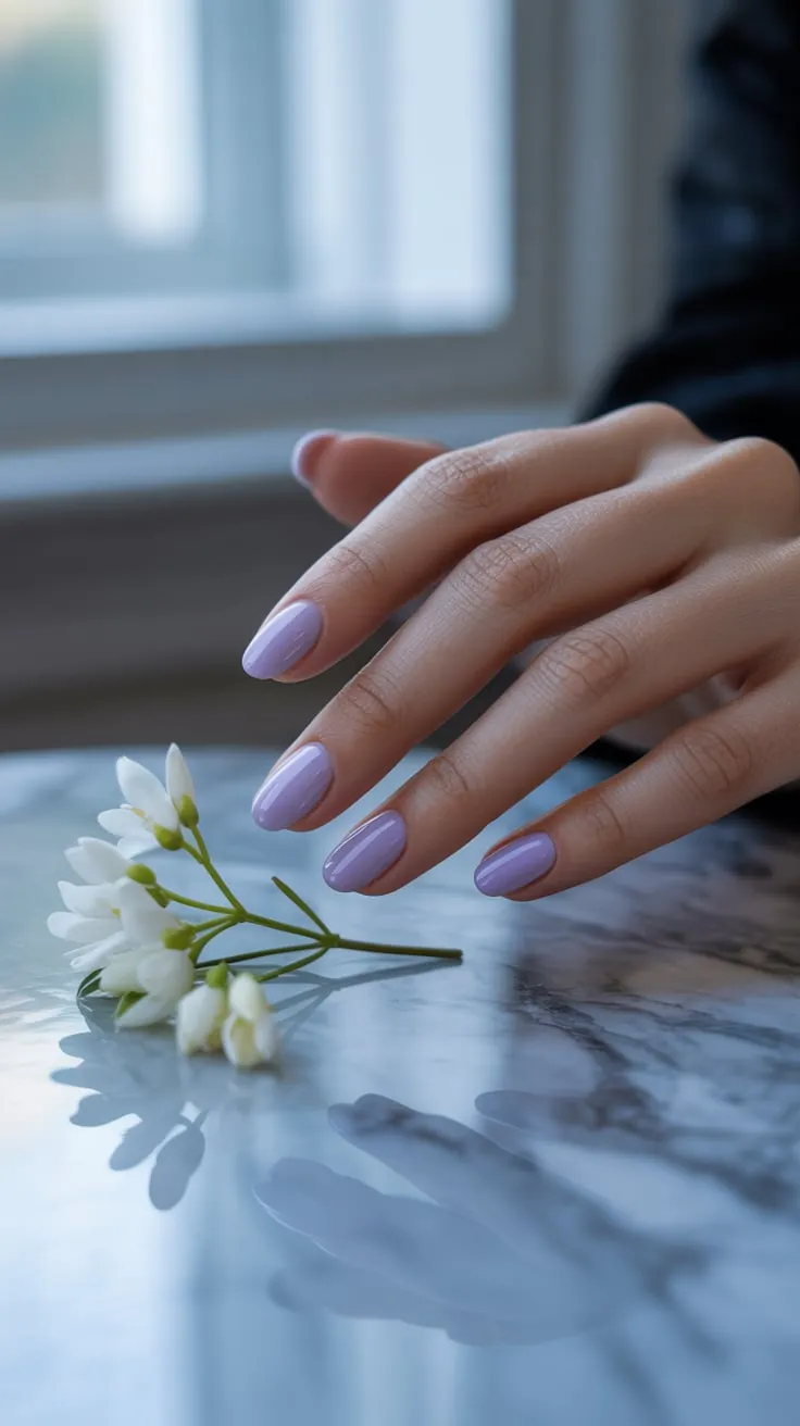 Lavender nails with a glossy finish, soft and sophisticated.