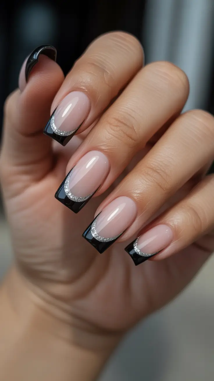 Black French tips with silver accents, bold and chic.