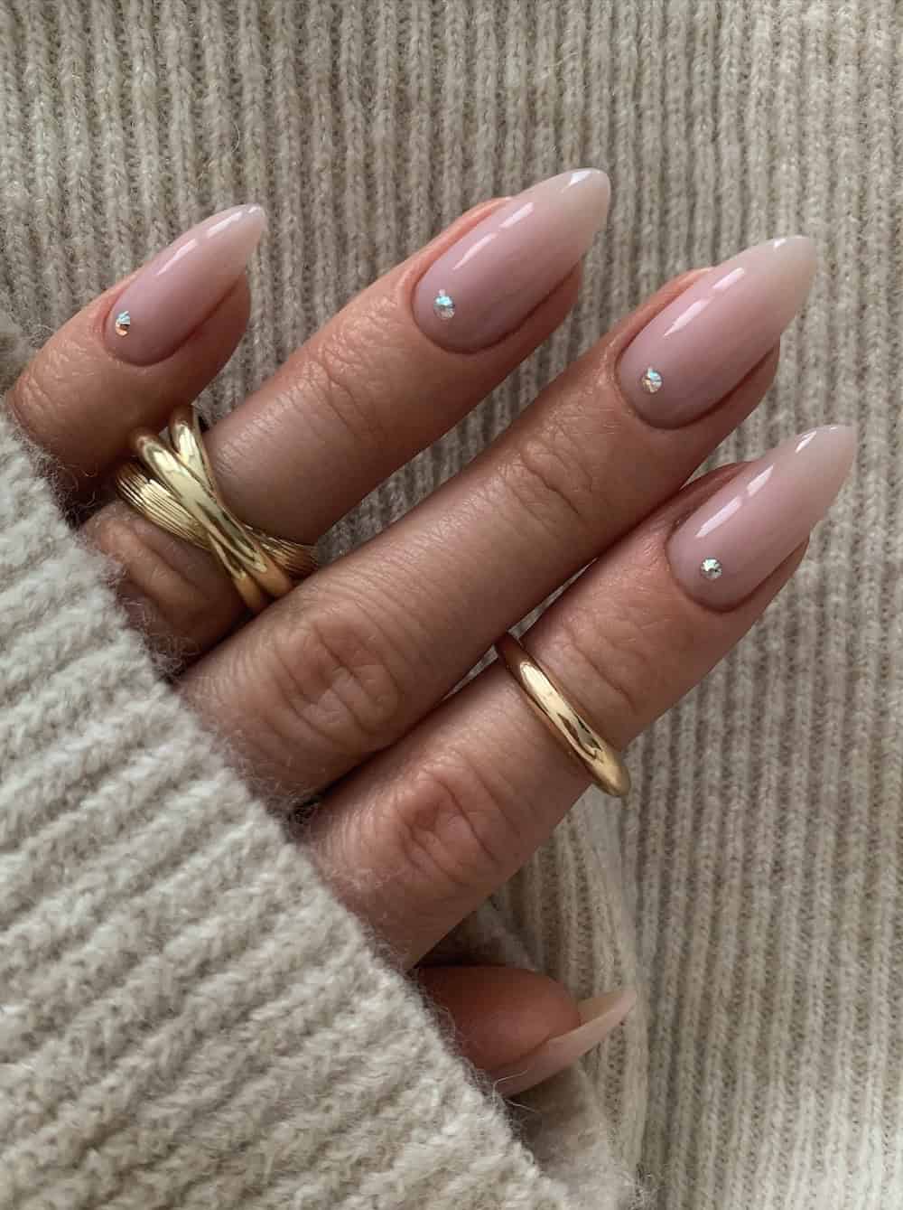 Nude nails with subtle sparkle accents, elegant and understated.