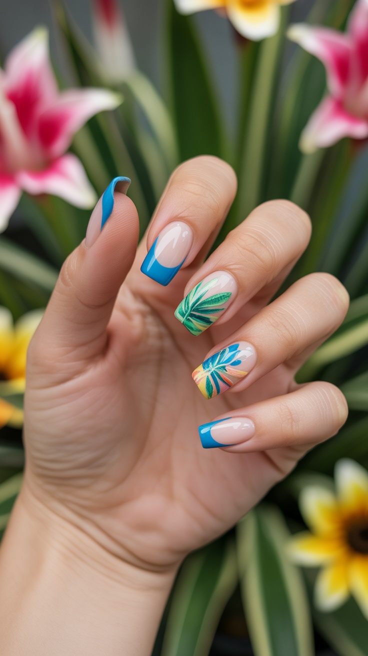 Tropical-themed nails with blue tips, fresh and vibrant.