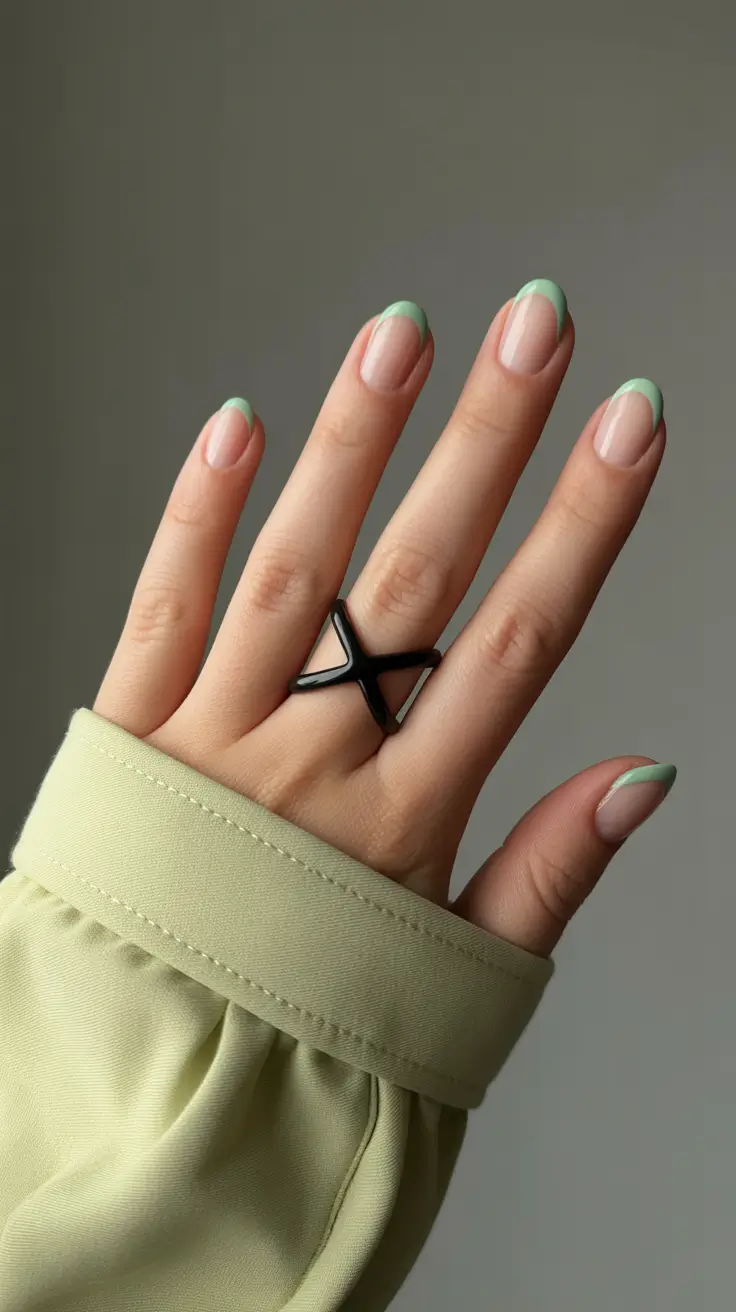 Green French tips with a natural base, fresh and subtle.