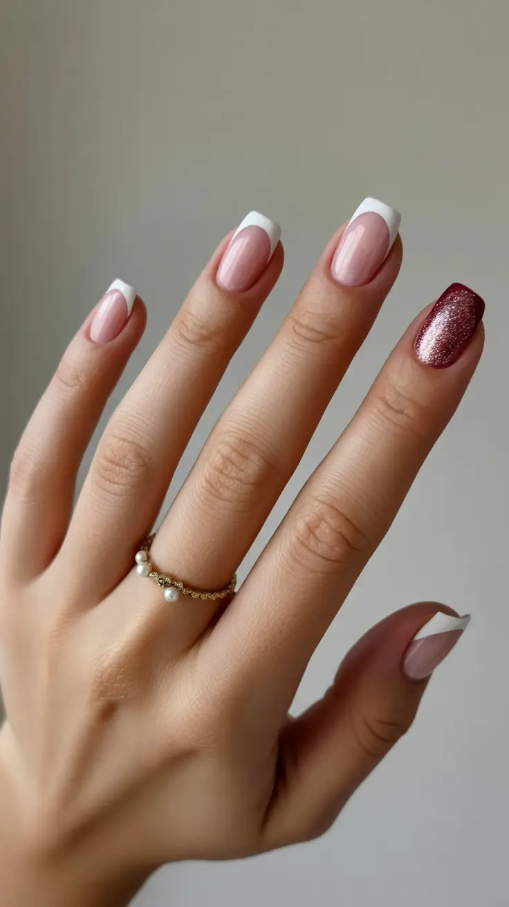 French tips with glitter accent nail, chic and festive.
