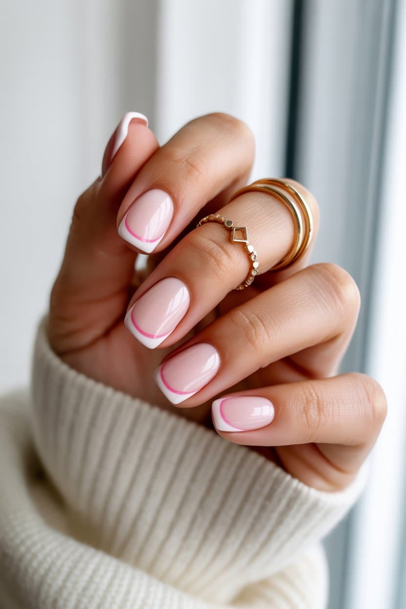 French tips with pink outline, playful and chic.
