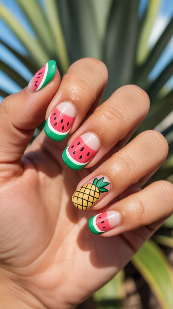 Watermelon and pineapple nail art on square nails, playful and vibrant.