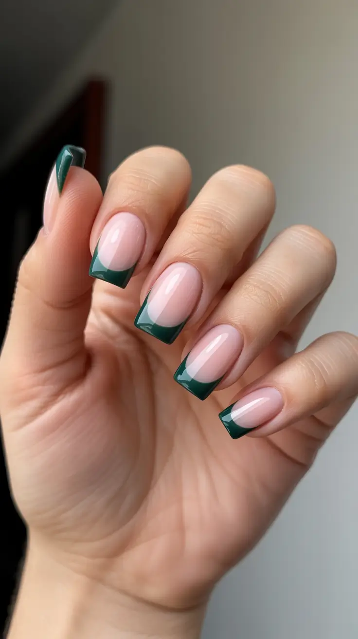 Dark green French tips on square nails, bold and elegant.