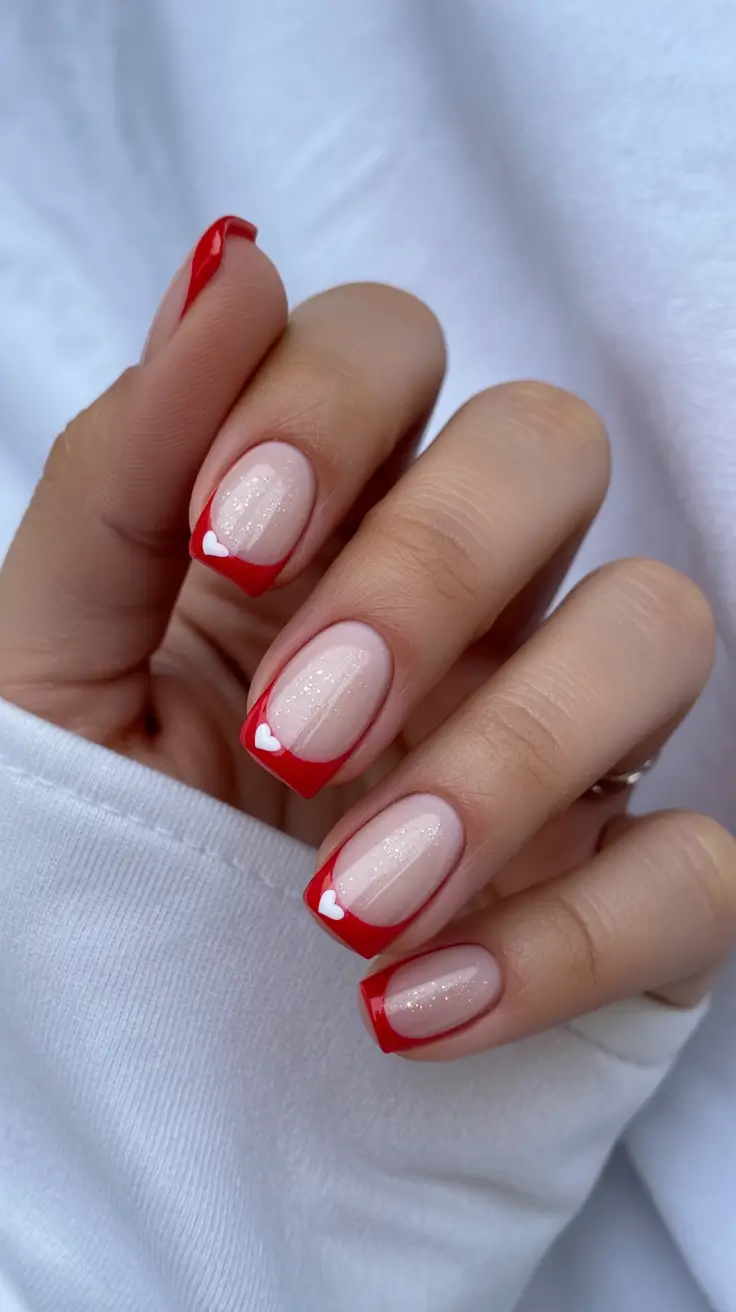 Red French tips with heart detail, romantic and chic.