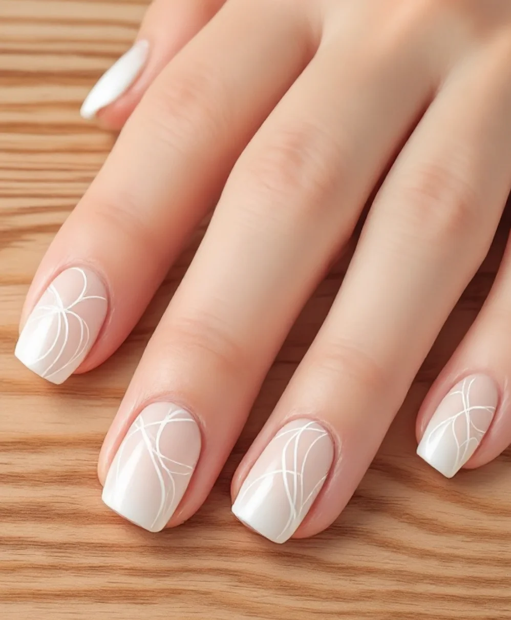 Intricate white line art on a soft nude base, suitable for minimalist enthusiasts