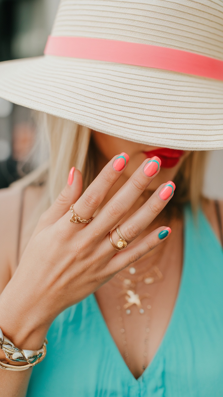Bright multicolor French manicure with neon tips, exuding fun and creativity