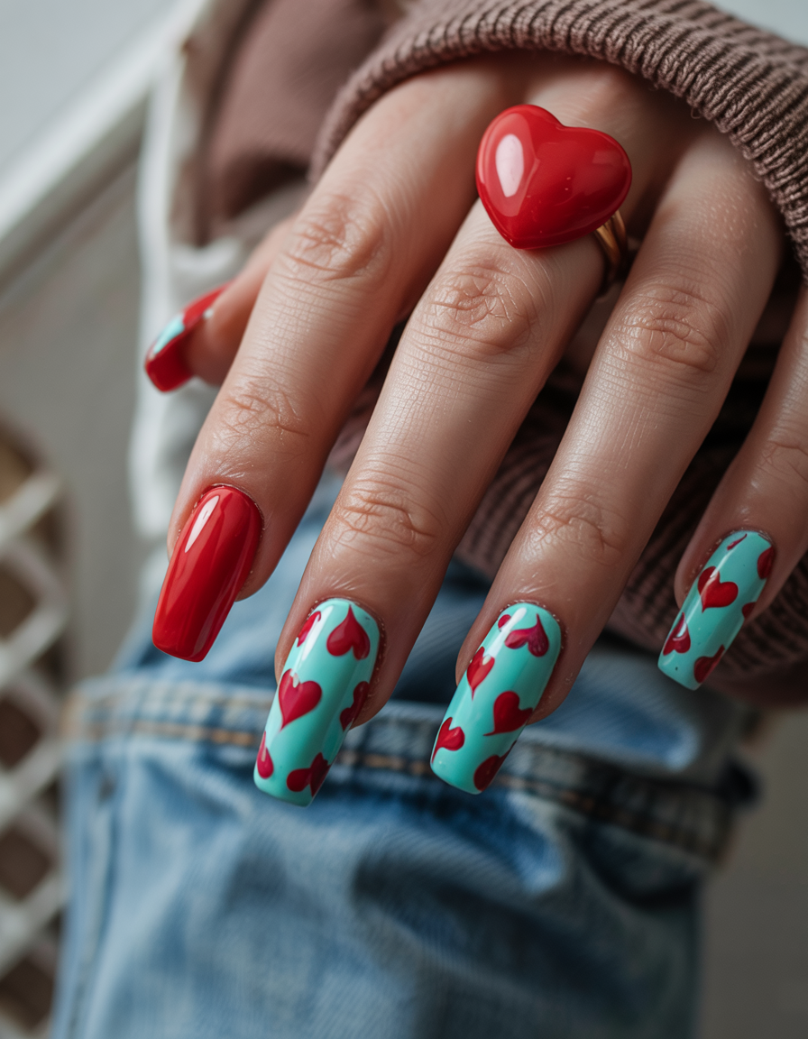 Red hearts on a turquoise base with square nails
