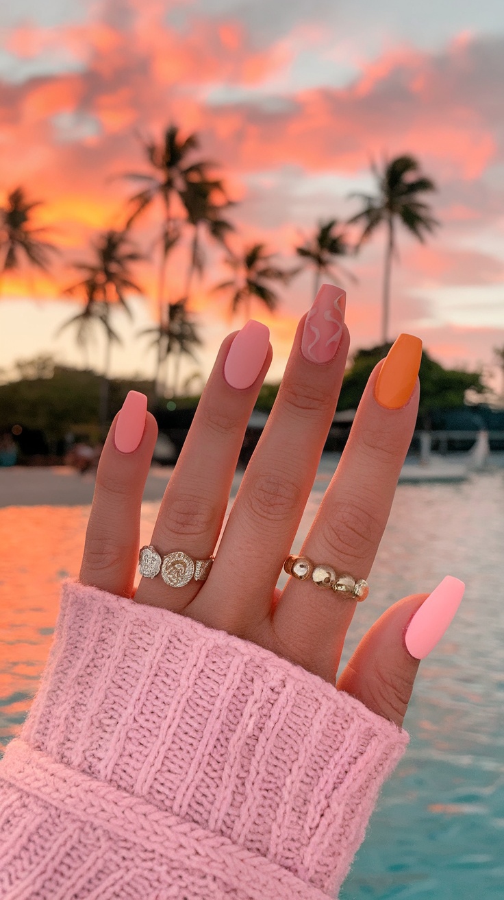 Sunset gradient nails with warm tones