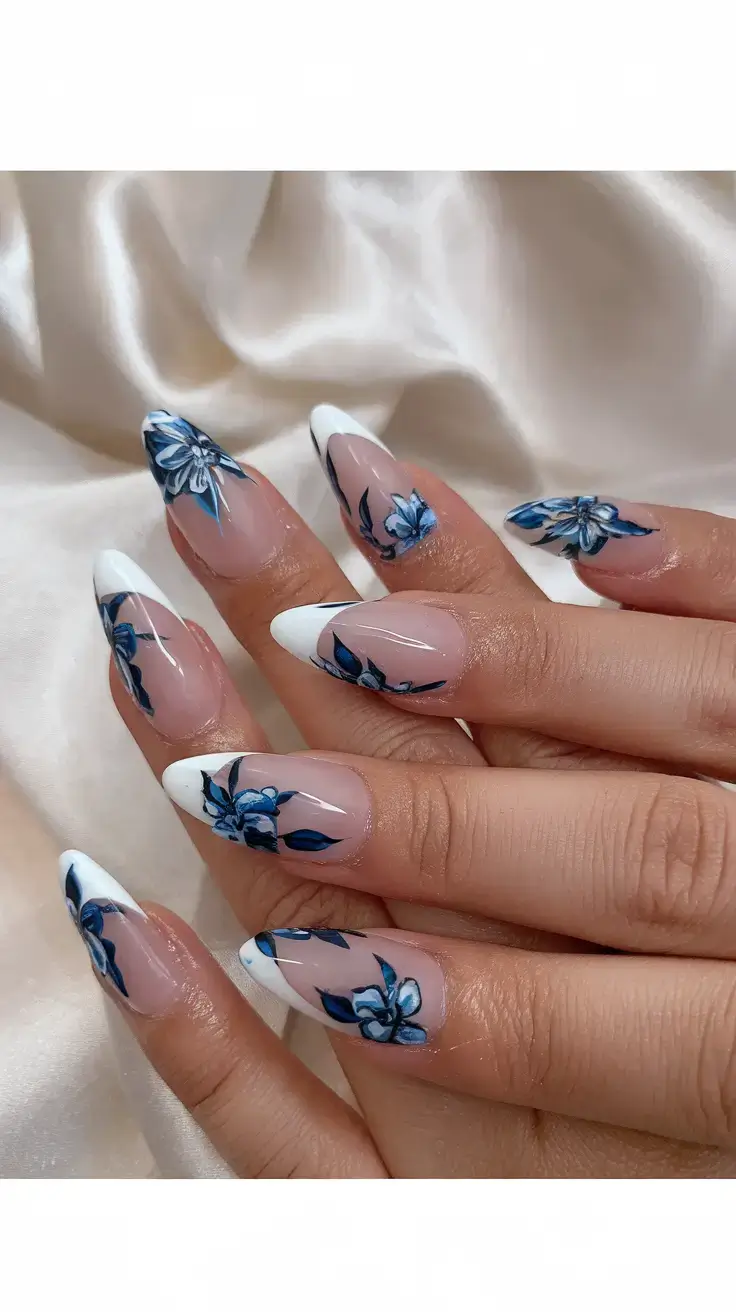 Blue floral tips on almond nails with a French twist