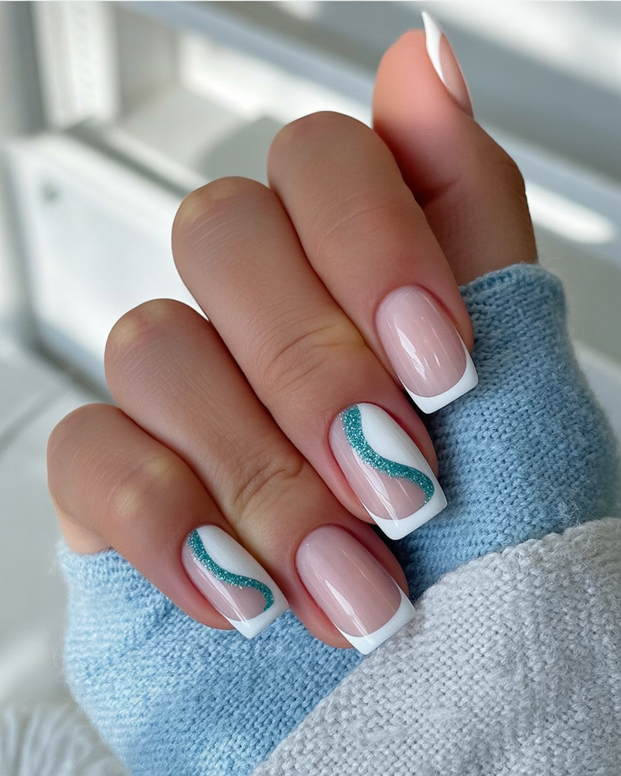 Modern French nails with teal wave accent