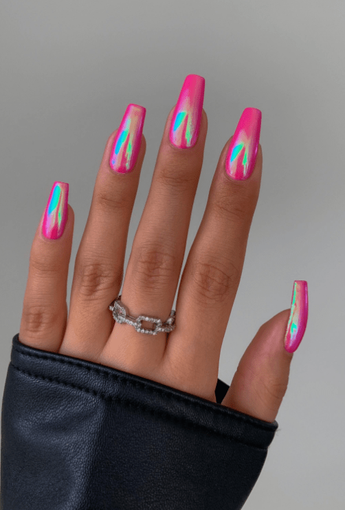 Holographic hot pink nails with a chrome finish