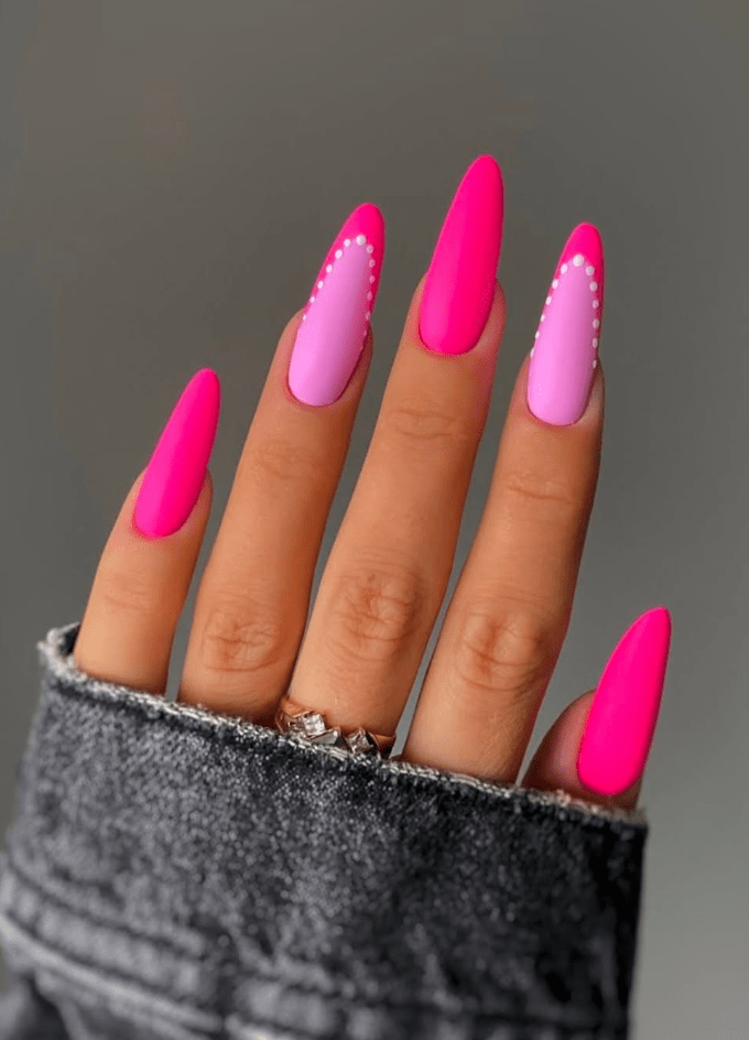 Gradient hot pink nails with rhinestones