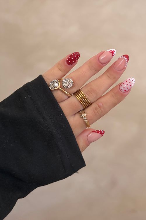 Nude and red nails with polka dots