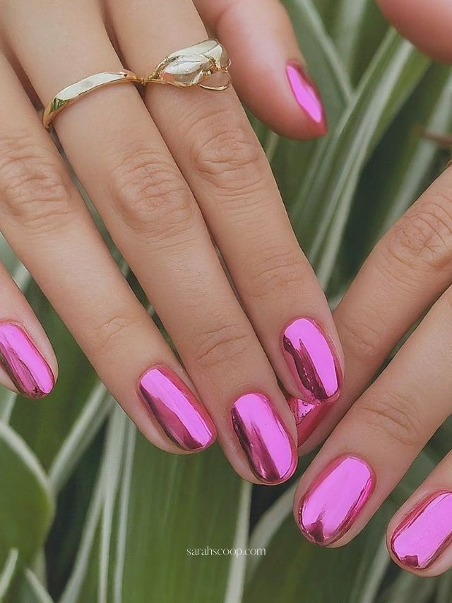 Metallic mirror pink nails in a chrome finish