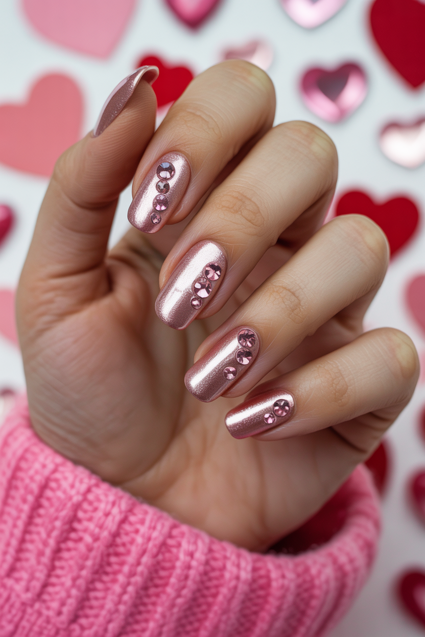Rose gold nails with rhinestone embellishments