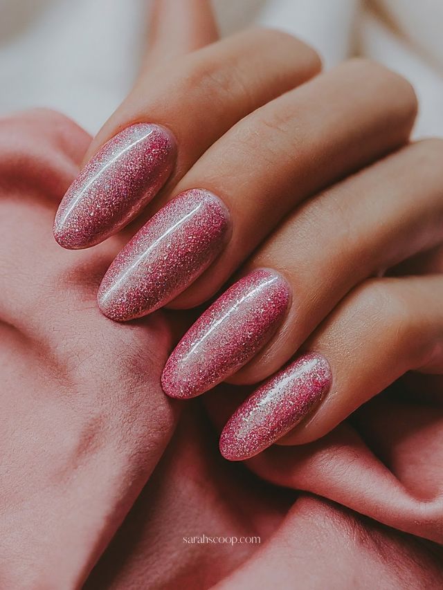 Glittering pink nails with a shimmer finish