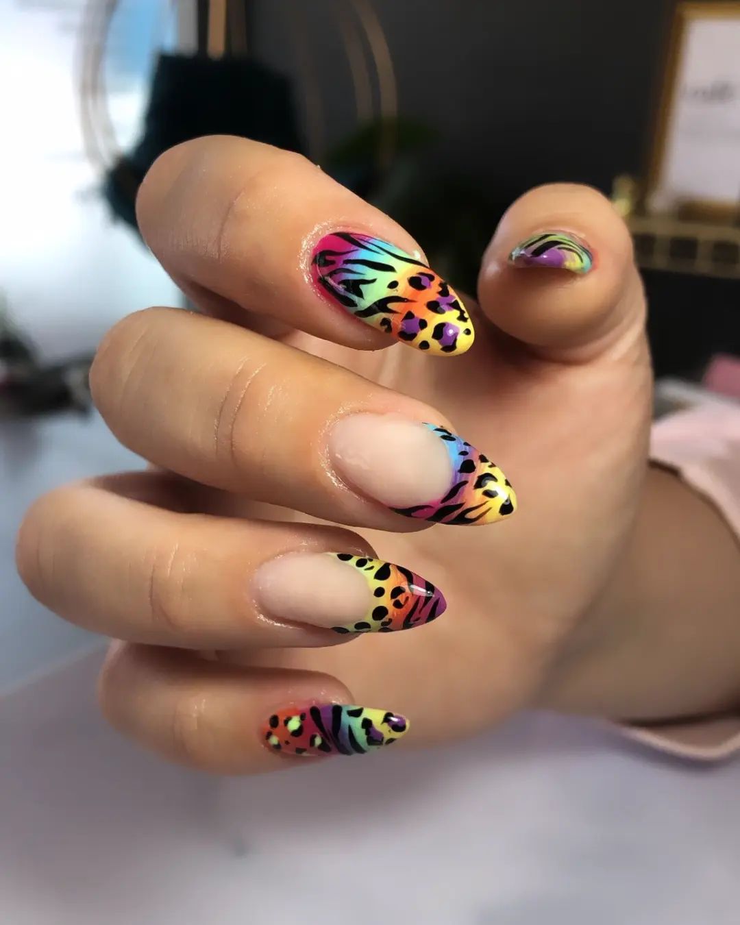 Rainbow leopard nails, vibrant manicure, Pinterest fun