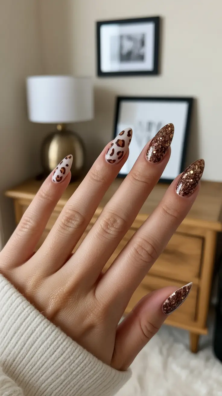 Glitter and leopard nails, dramatic manicure, Pinterest inspiration