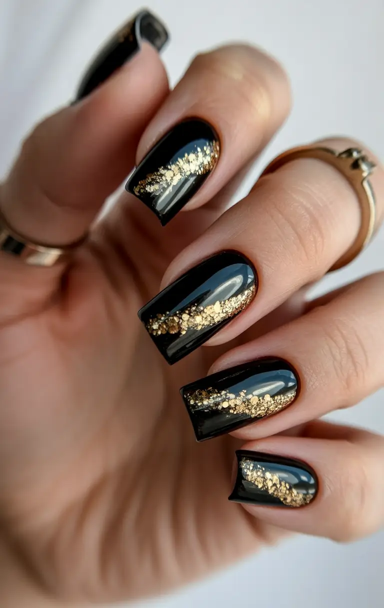 Gold striped black nails, elegant manicure, Pinterest inspiration