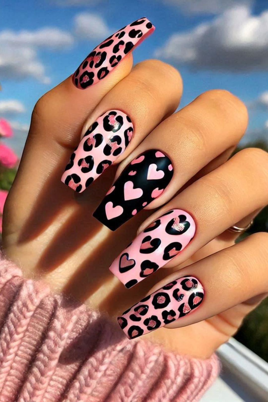 Pink leopard and heart nails, playful design, Pinterest fun