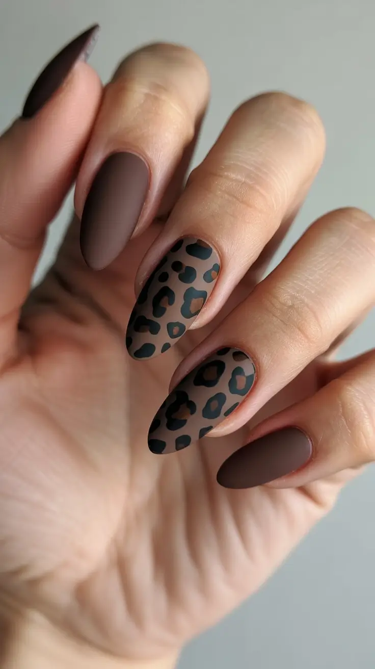 Matte brown leopard nails, earthy design, Pinterest style