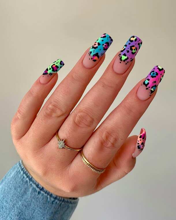 Neon leopard nails, vibrant manicure, Pinterest trend