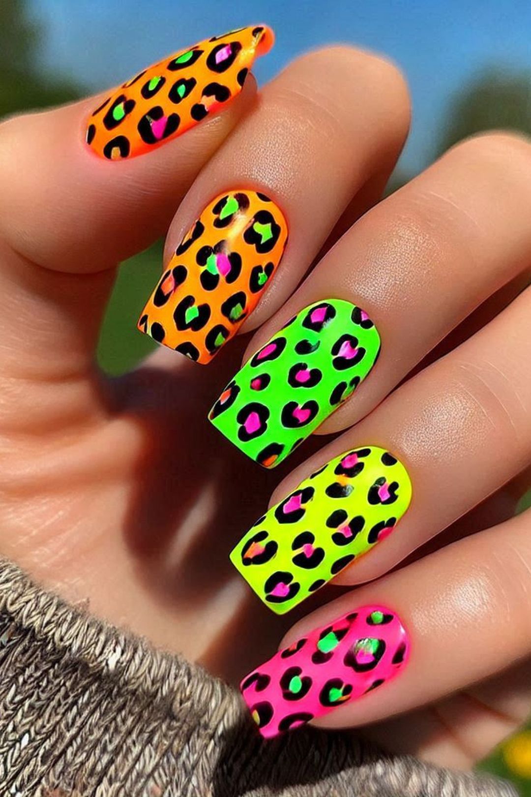 Neon leopard nails, vibrant and bold, Pinterest fun