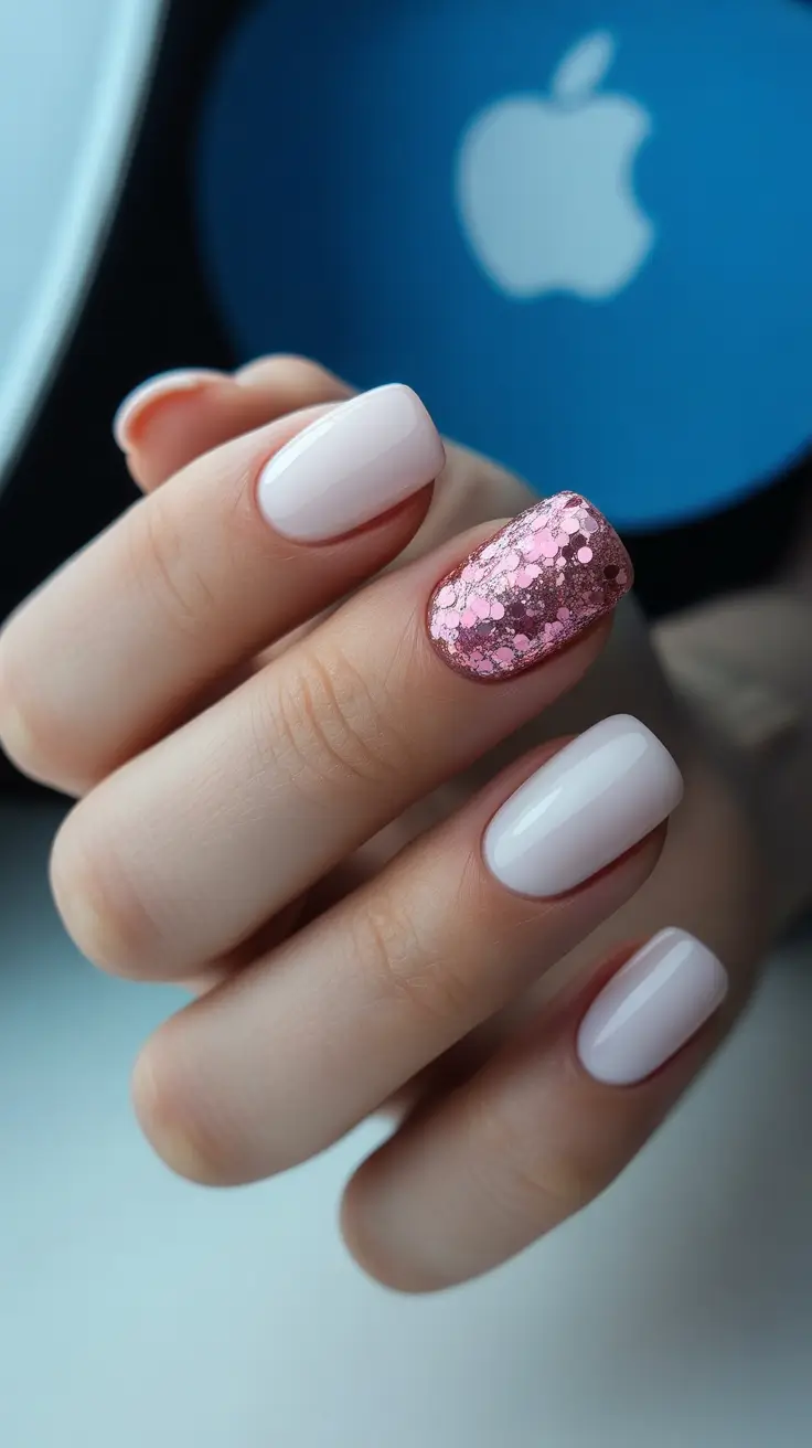 Soft pink nails with glitter accent, elegant style, Pinterest inspiration