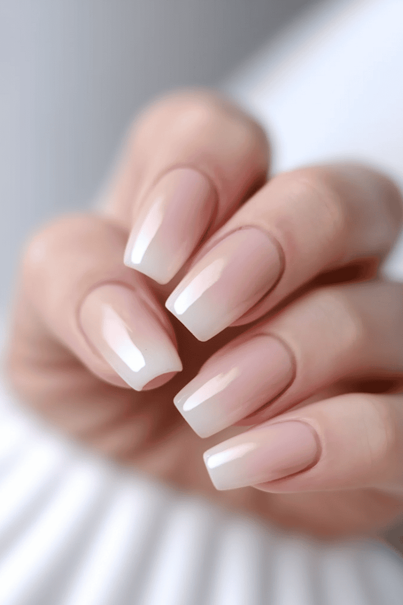 Sheer ombré nails, square shape, elegant gradient.