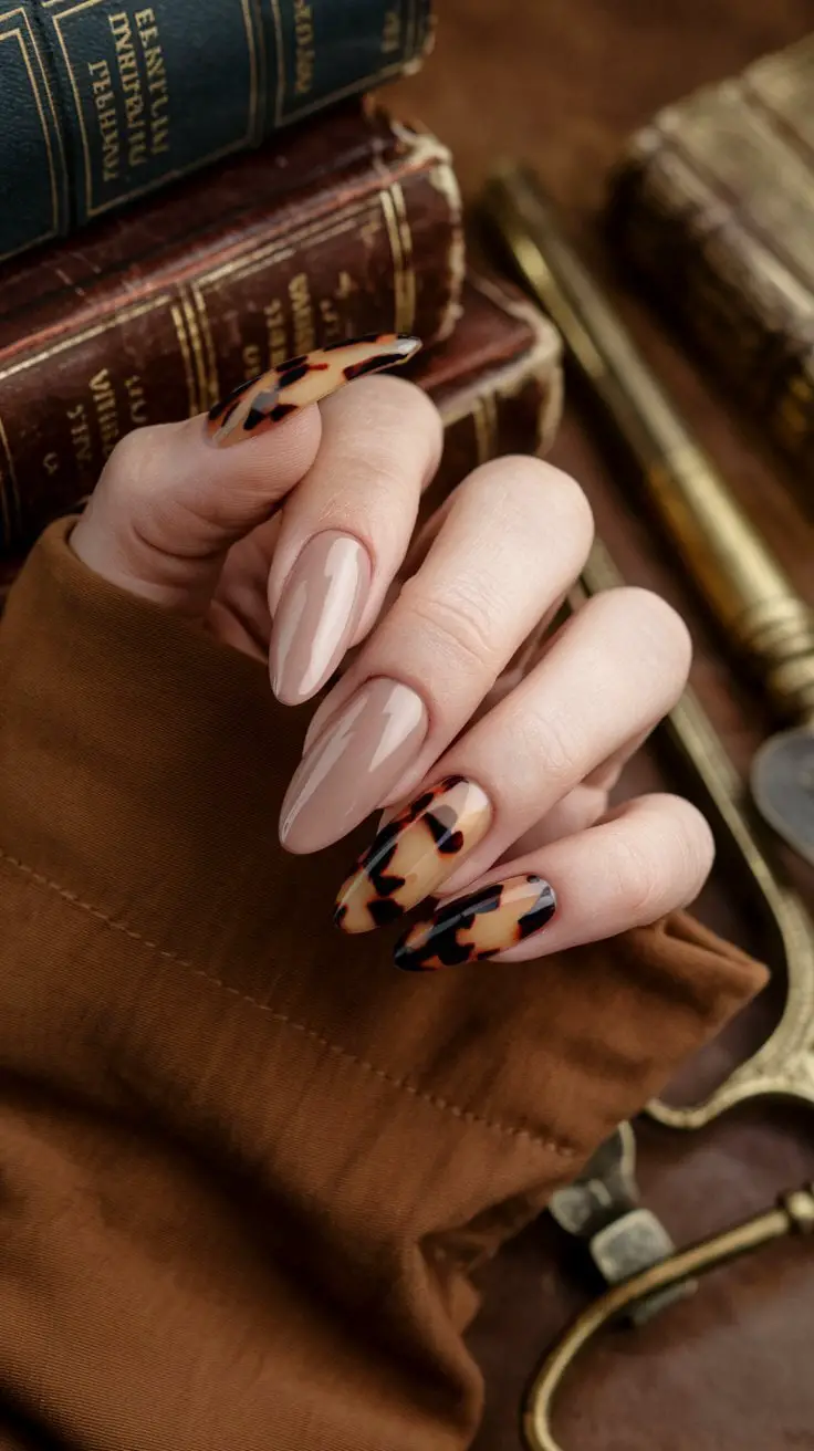 Bold neutral nails with tortoiseshell accents, stylish contrast.