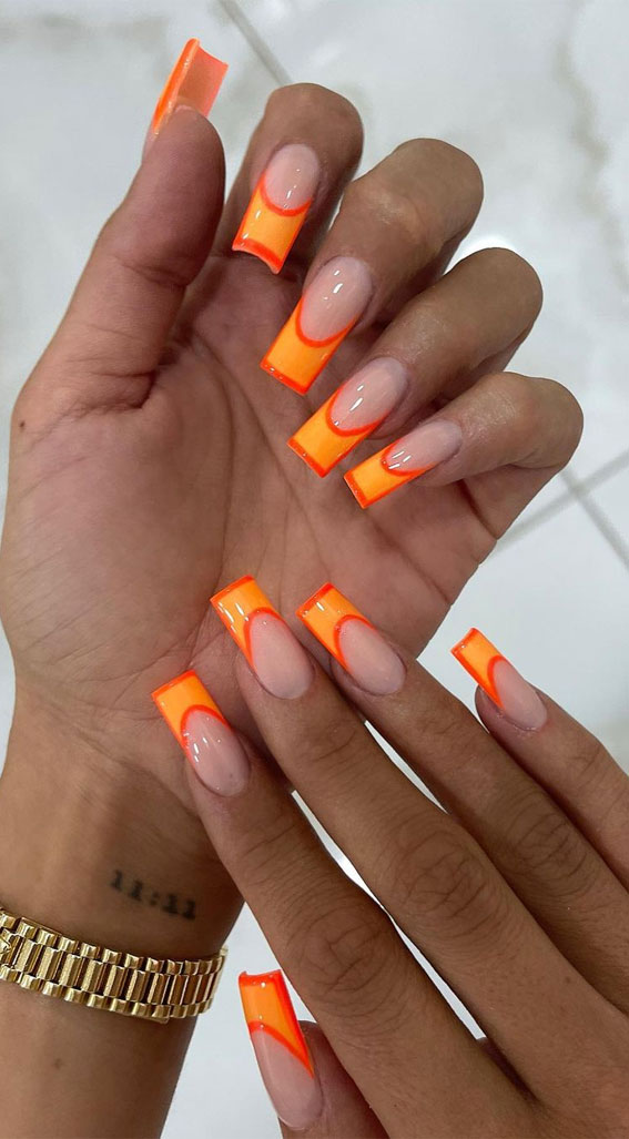 Neon orange framed nail design on square nails