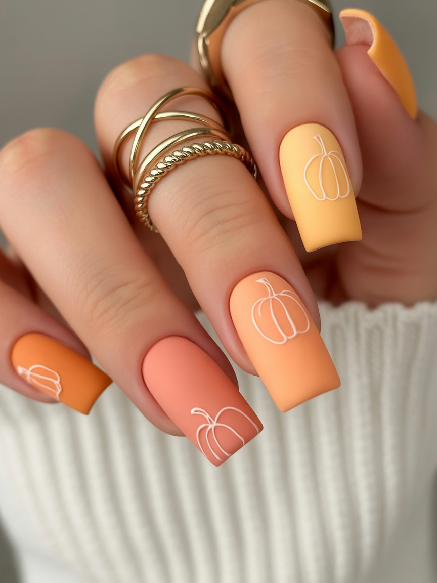 Matte orange nails with pumpkin design